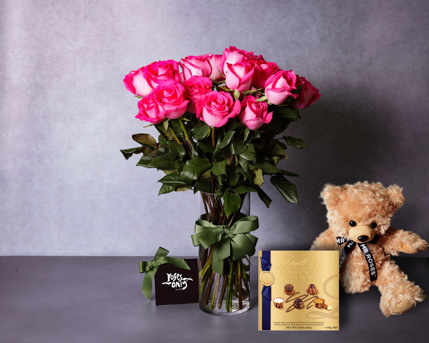 Pink Roses, Teddy & Swiss Luxury Chocolates