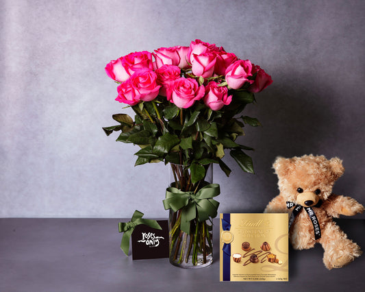 Pink Roses, Teddy & Swiss Luxury Chocolates