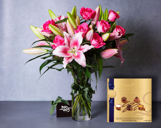 Pink Lilies, Pink Roses & Swiss Luxury Chocolates