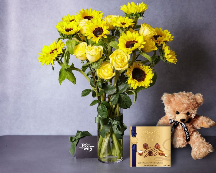 Sunflowers, Yellow Roses, Teddy & Swiss Luxury Chocolates