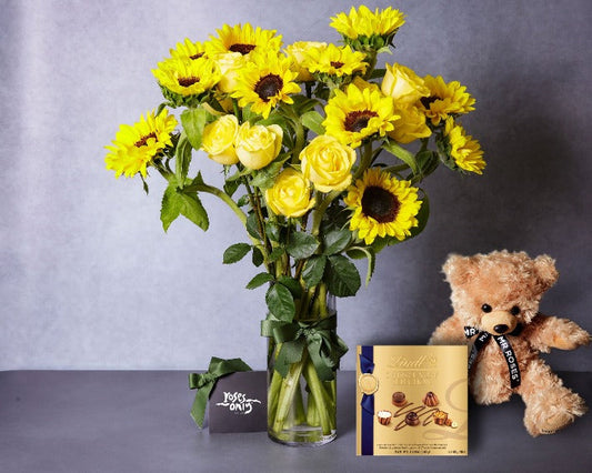 Sunflowers, Yellow Roses, Teddy & Swiss Luxury Chocolates
