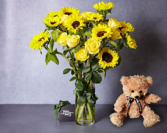 Sunflowers, Yellow Roses & Teddy