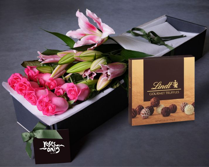 Pink Lilies, Pink Roses & Gourmet Chocolate Truffles