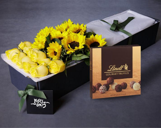 Sunflowers, Yellow Roses & Gourmet Chocolate Truffles
