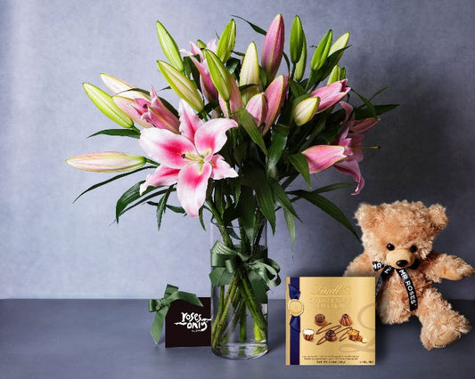 Mother's Day Flowers - Pink Oriental Lilies, Teddy & Swiss Luxury Chocolate