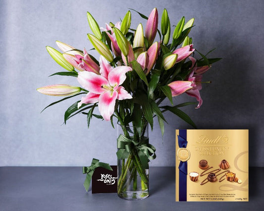 Mother's Day Flowers - Pink Oriental Lilies & Swiss Luxury Chocolates