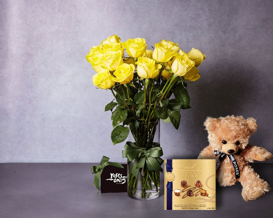 Yellow Roses, Teddy & Swiss Luxury Chocolates