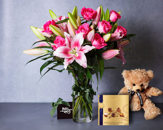 Pink Lilies, Pink Roses, Teddy & Swiss Luxury Chocolates