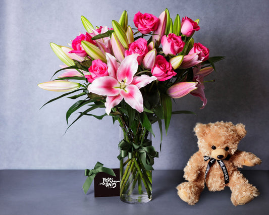 Pink Lilies, Pink Roses & Teddy
