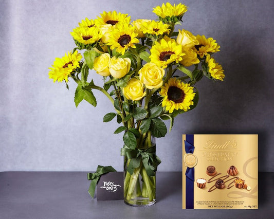 Sunflowers, Yellow Roses & Swiss Luxury Chocolates