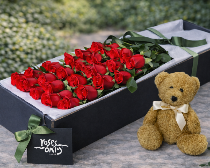 Valentine's Day Flowers - Red Roses & Teddy