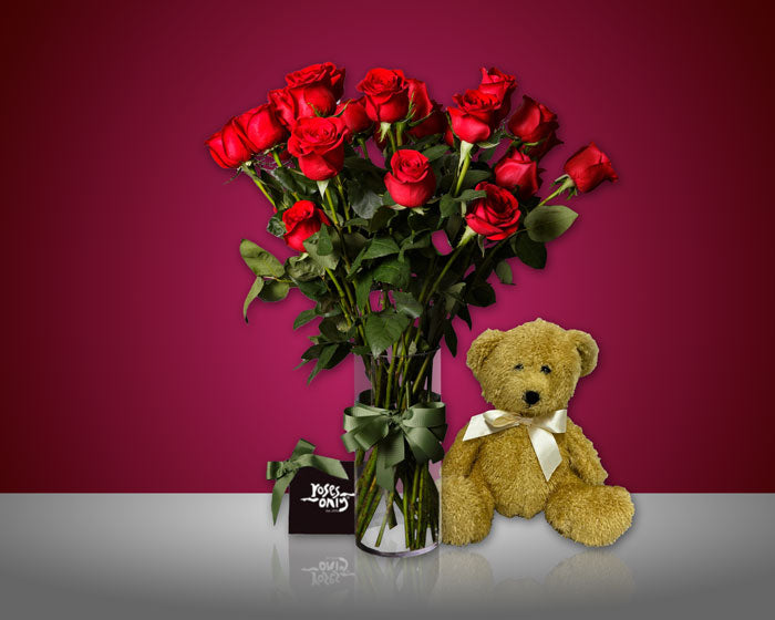 red roses and teddy bear valentines