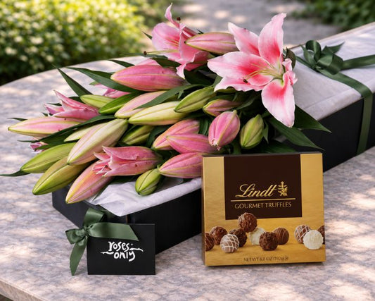 Pink Lilies & Gourmet Chocolate Truffles