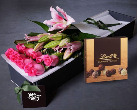 Pink Lilies, Pink Roses & Gourmet Chocolate Truffles