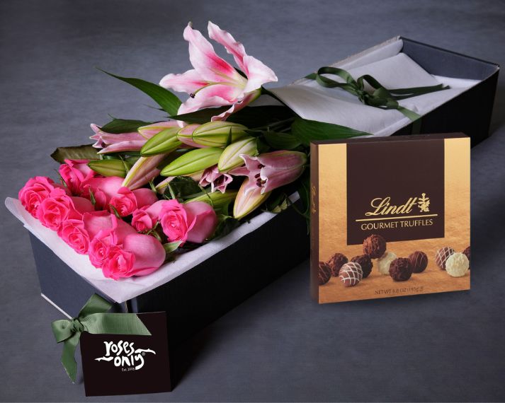 Mother's Day Flowers - Pink Lilies, Pink Roses & Gourmet Chocolate Truffles
