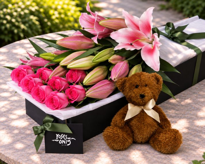 Pink Lilies, Pink Roses & Teddy