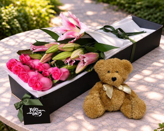 Pink Lilies, Pink Roses & Teddy