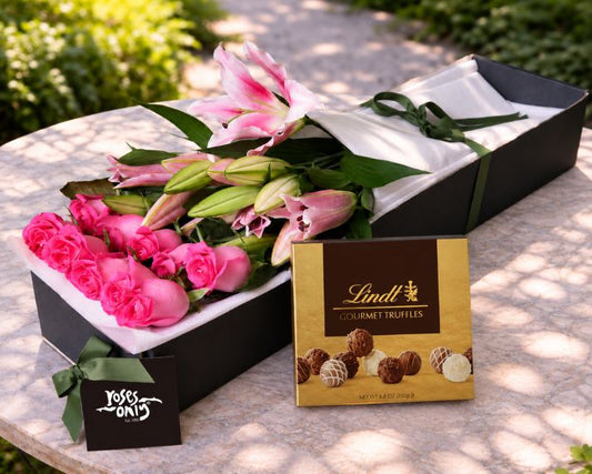 Pink Lilies, Pink Roses & Gourmet Chocolate Truffles