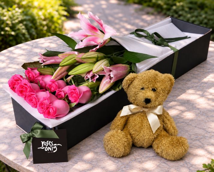 Pink Lilies, Pink Roses & Teddy