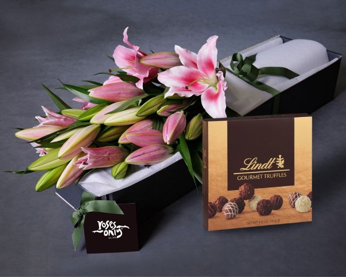 Mother's Day Flowers - Pink Oriental Lilies & Gourmet Chocolate Truffles