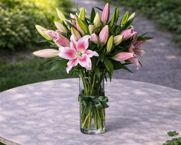pink oriental lilies in vase