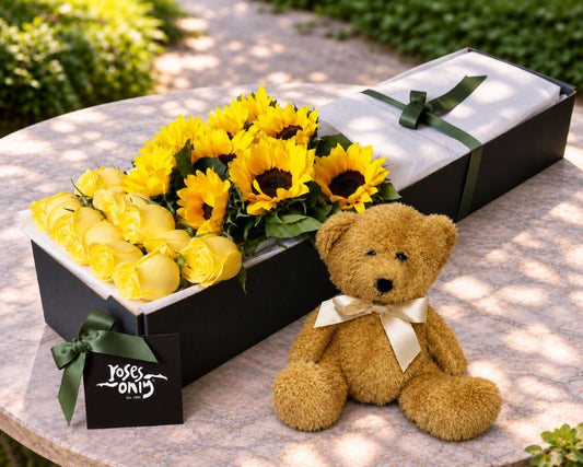 Sunflowers, Yellow Roses & Teddy