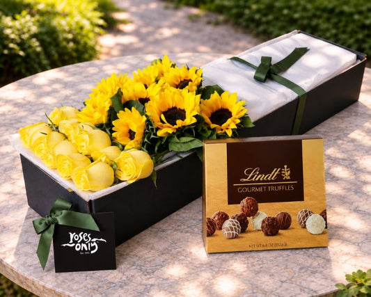 Sunflowers, Yellow Roses & Gourmet Chocolate Truffles