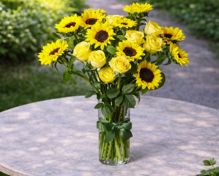 sunflowers and yellow roses in a vase
